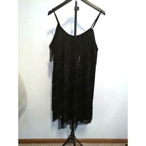 Vintage 1920s Style Black Tiered Fringe Flapper Dress Spaghetti Strap Cocktail
